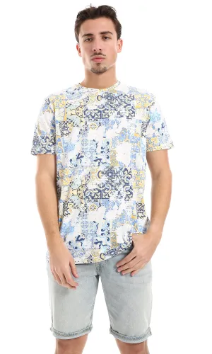 O164749 Tiles Like Patterned Tee - Beige, Blue Shades & Yellow