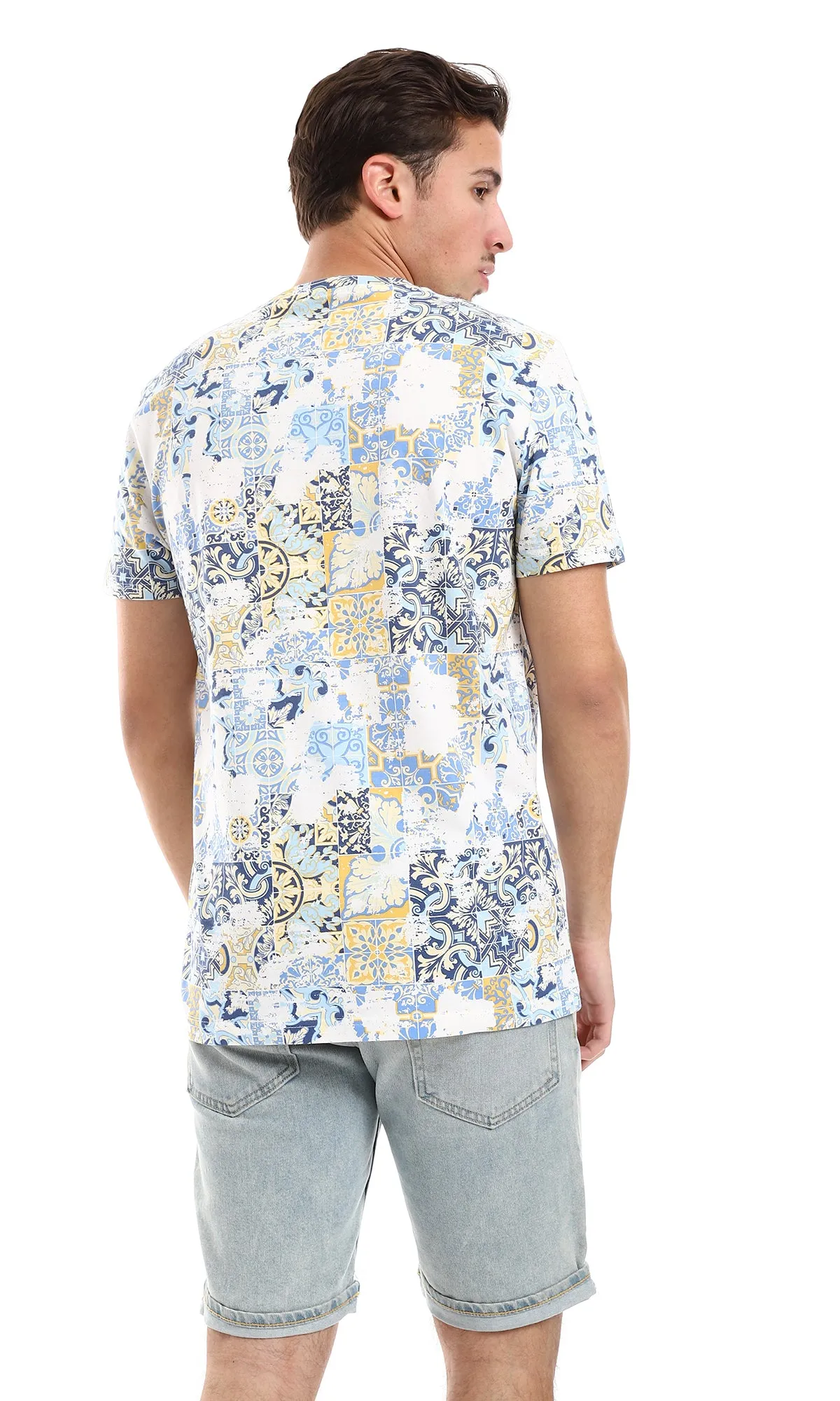 O164749 Tiles Like Patterned Tee - Beige, Blue Shades & Yellow