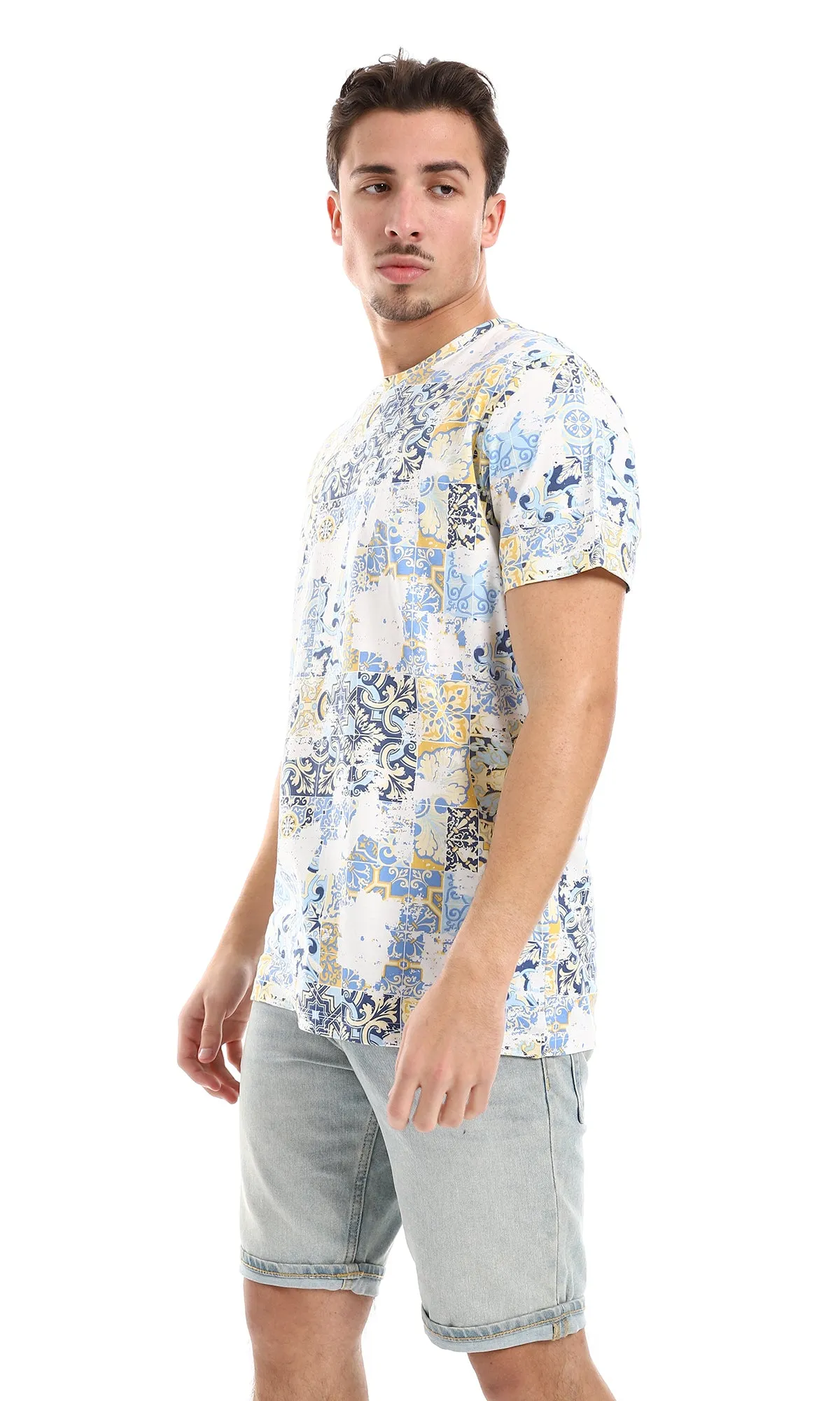 O164749 Tiles Like Patterned Tee - Beige, Blue Shades & Yellow
