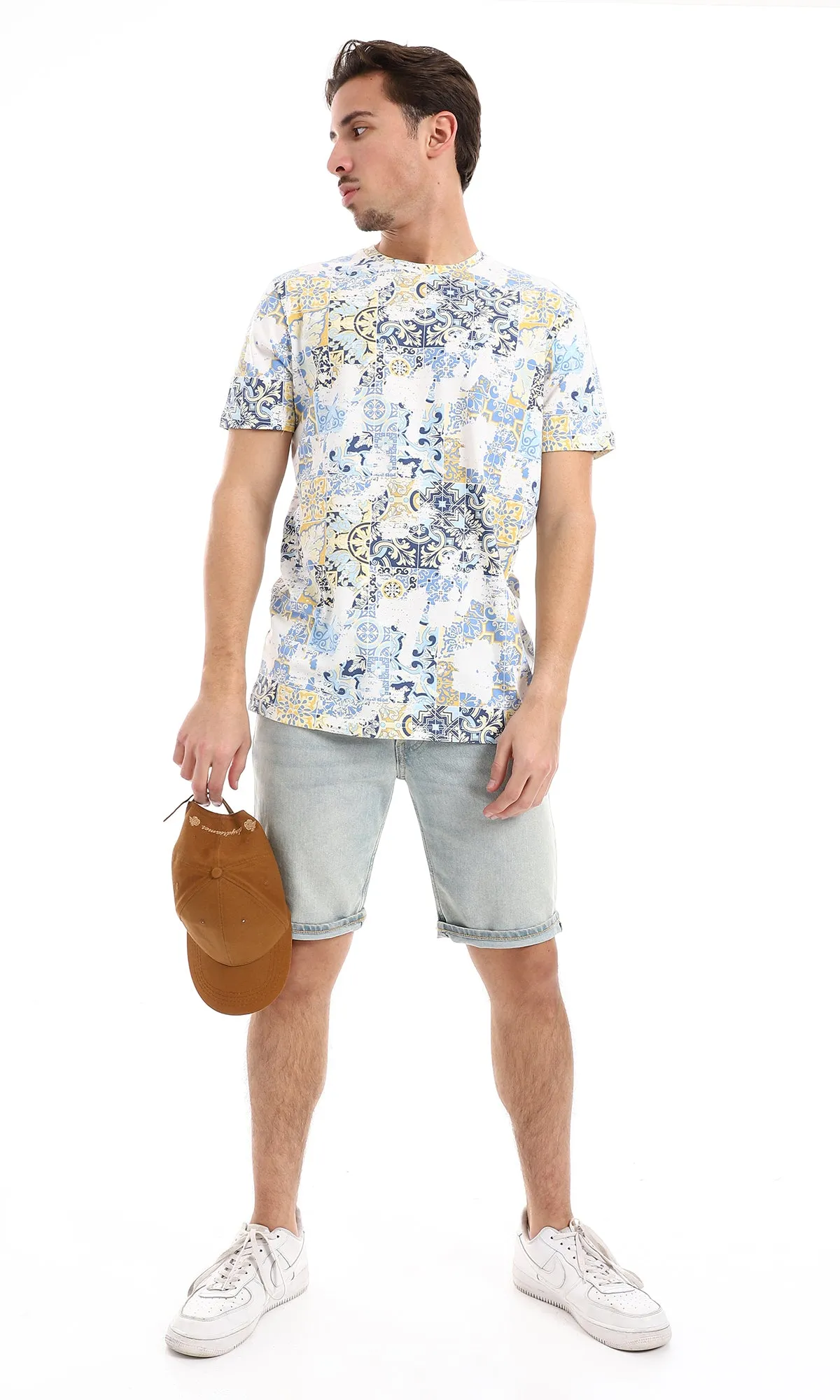 O164749 Tiles Like Patterned Tee - Beige, Blue Shades & Yellow