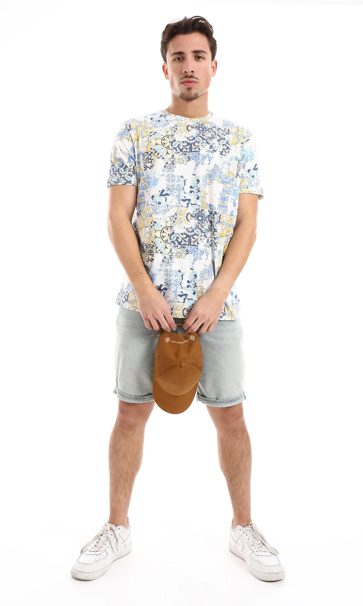 O164749 Tiles Like Patterned Tee - Beige, Blue Shades & Yellow