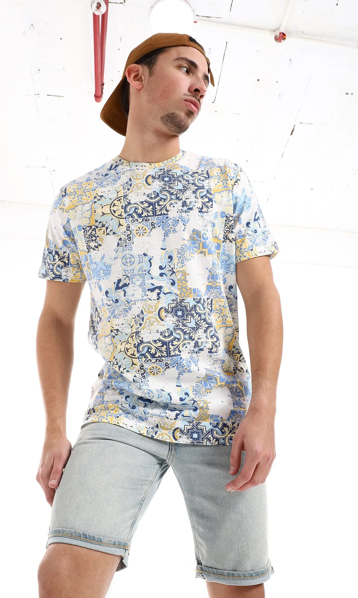 O164749 Tiles Like Patterned Tee - Beige, Blue Shades & Yellow