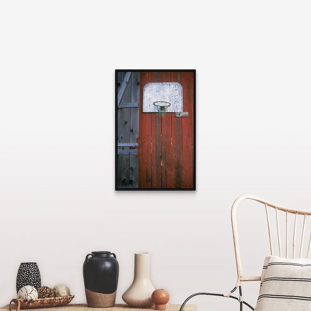 "Basketball hoop on a red wooden wall" Black Float Frame Canvas Art