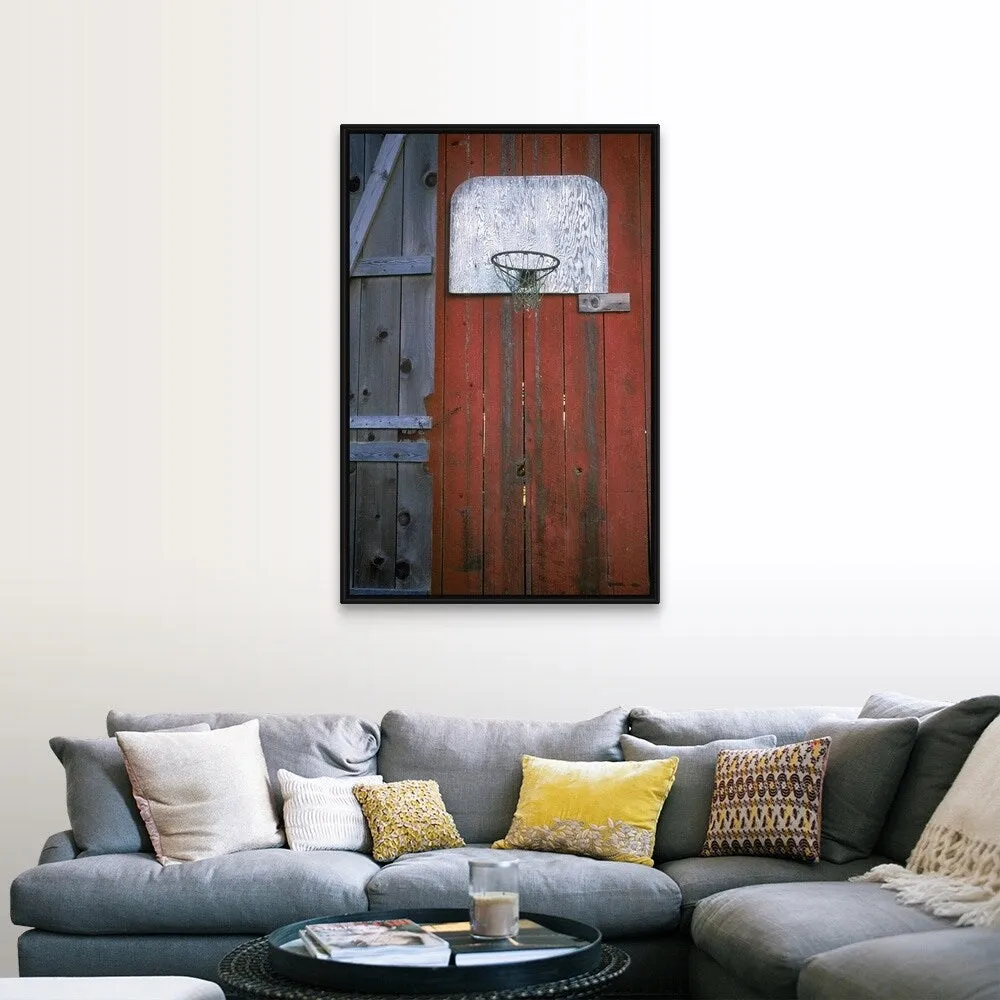 "Basketball hoop on a red wooden wall" Black Float Frame Canvas Art