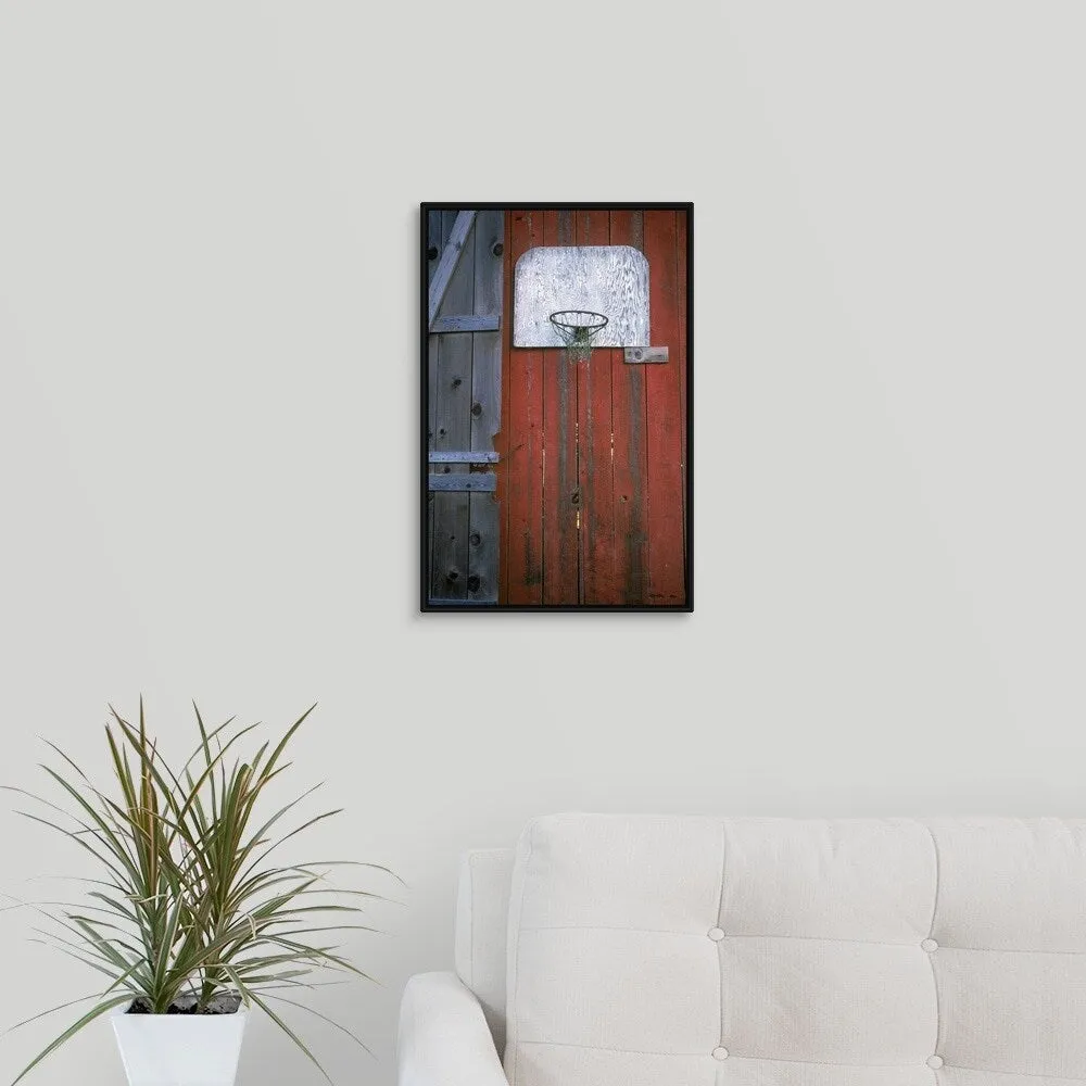 "Basketball hoop on a red wooden wall" Black Float Frame Canvas Art