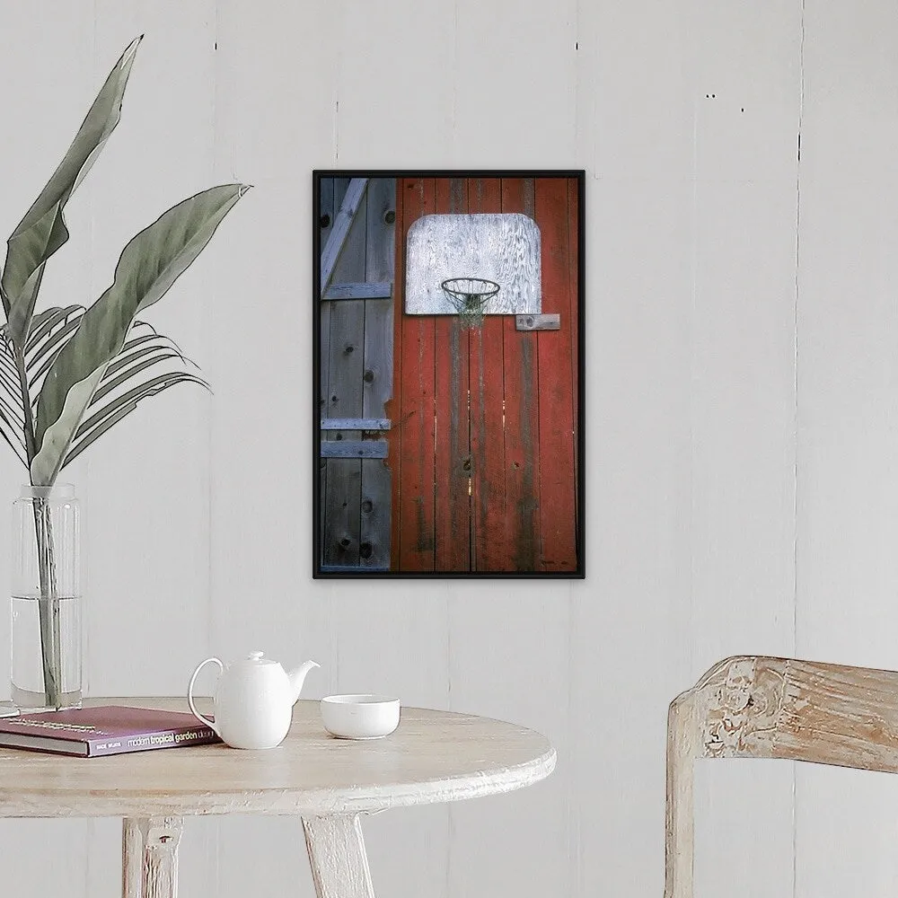 "Basketball hoop on a red wooden wall" Black Float Frame Canvas Art