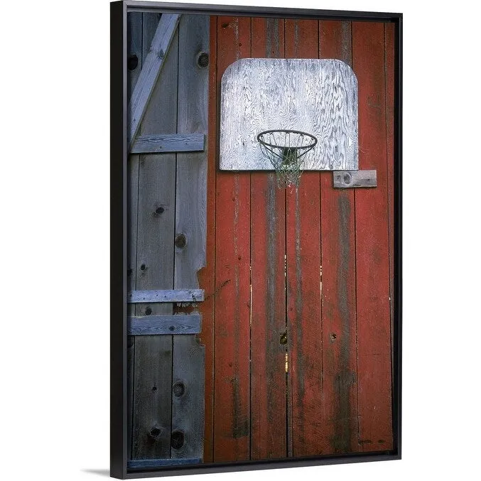 "Basketball hoop on a red wooden wall" Black Float Frame Canvas Art