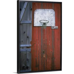"Basketball hoop on a red wooden wall" Black Float Frame Canvas Art