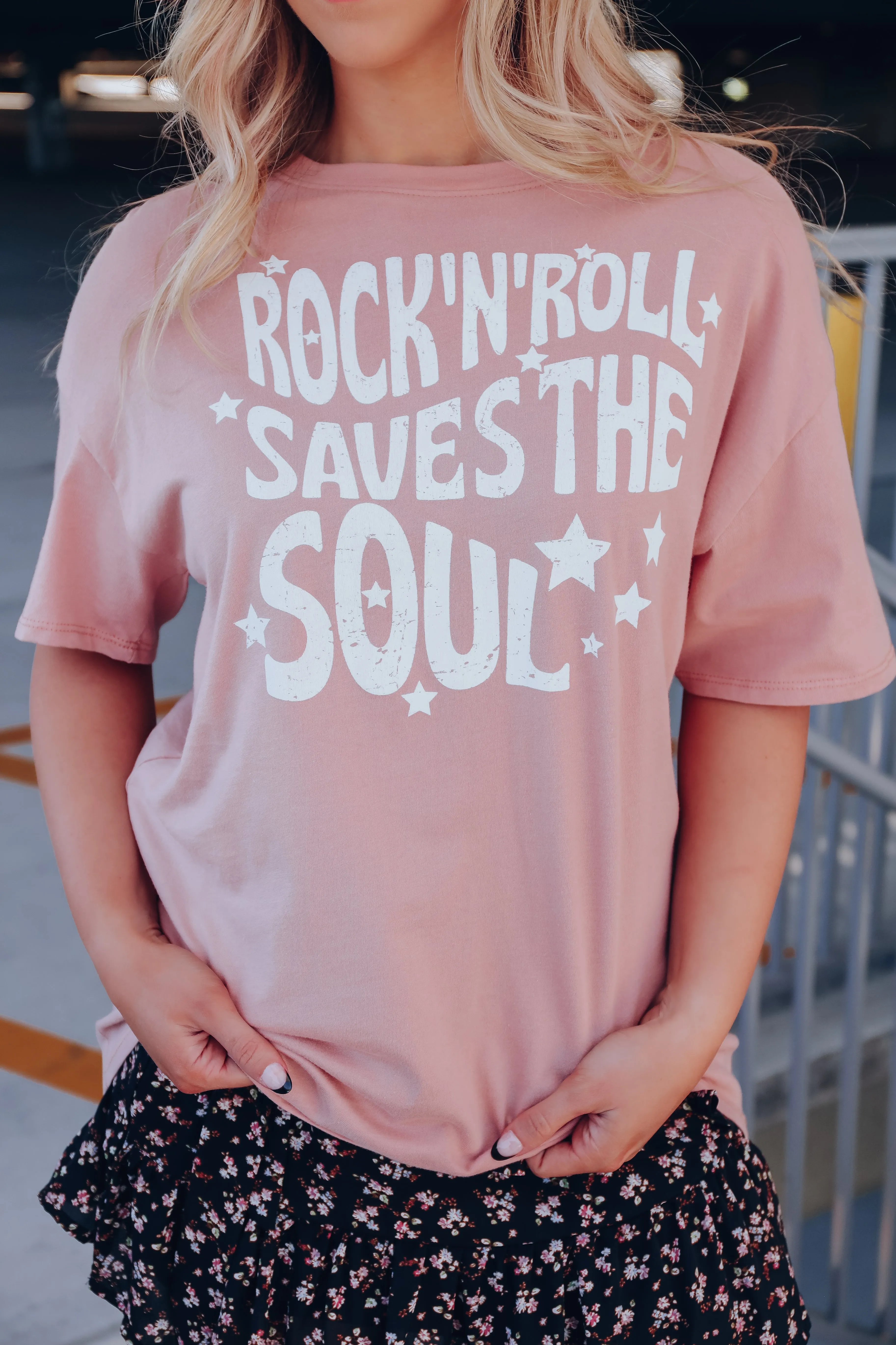 Rock N Roll Saves Graphic Tee - Peach
