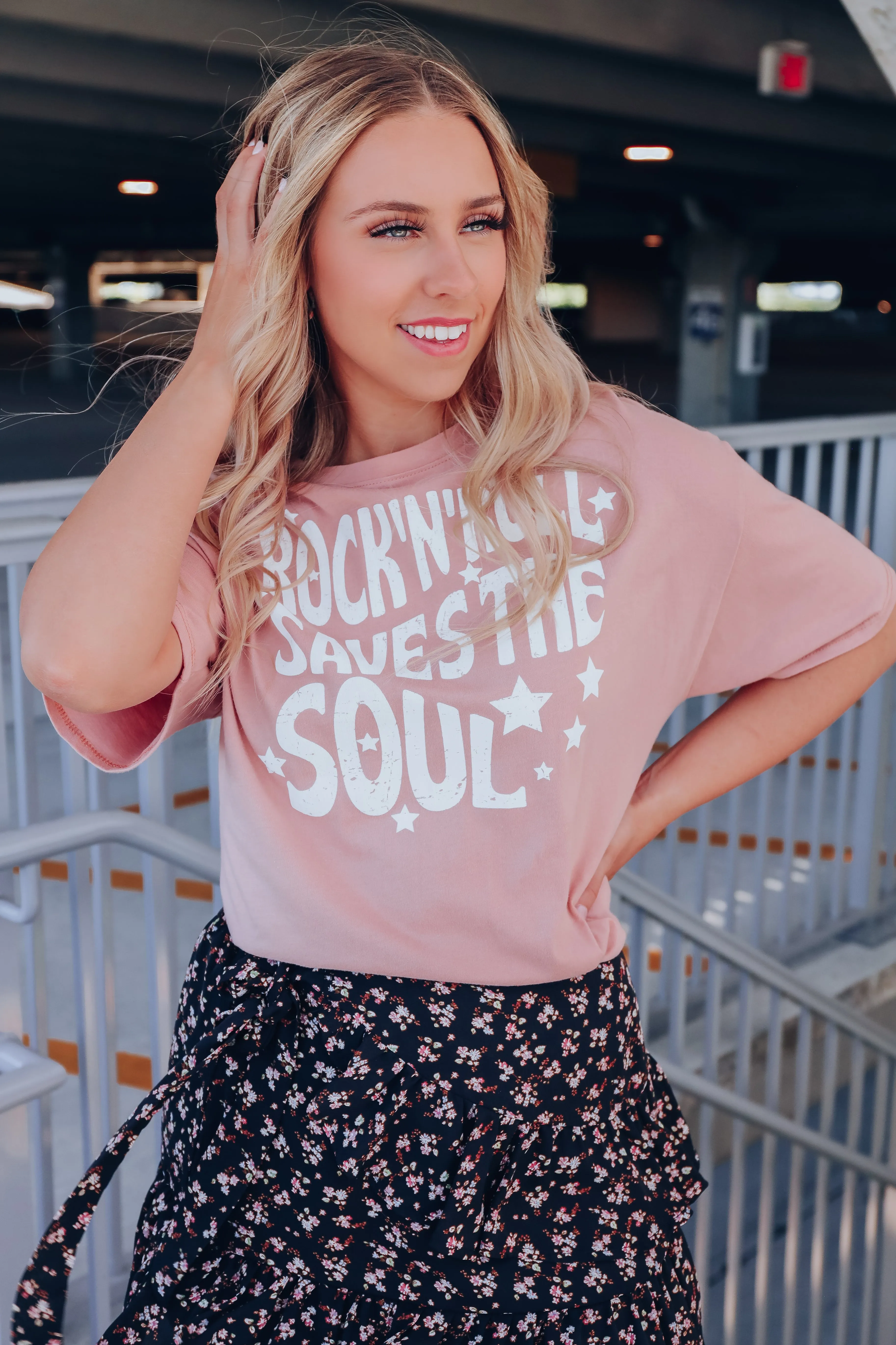 Rock N Roll Saves Graphic Tee - Peach